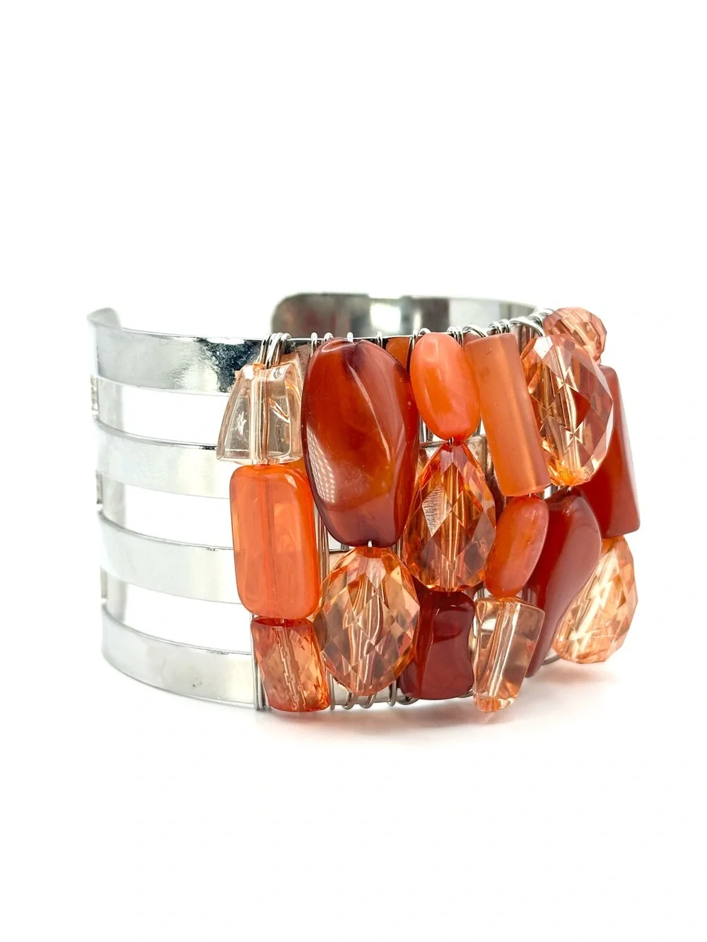 Vintage Carnelian Nugget & Amber Toned Resin Stone Silvertone Cuff